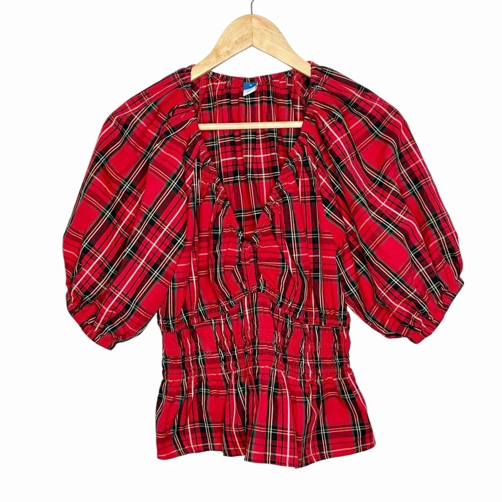 Old Navy Tartan Plaid Puff Sleeve Top Womens M Preppy Holiday Heritage Peplum